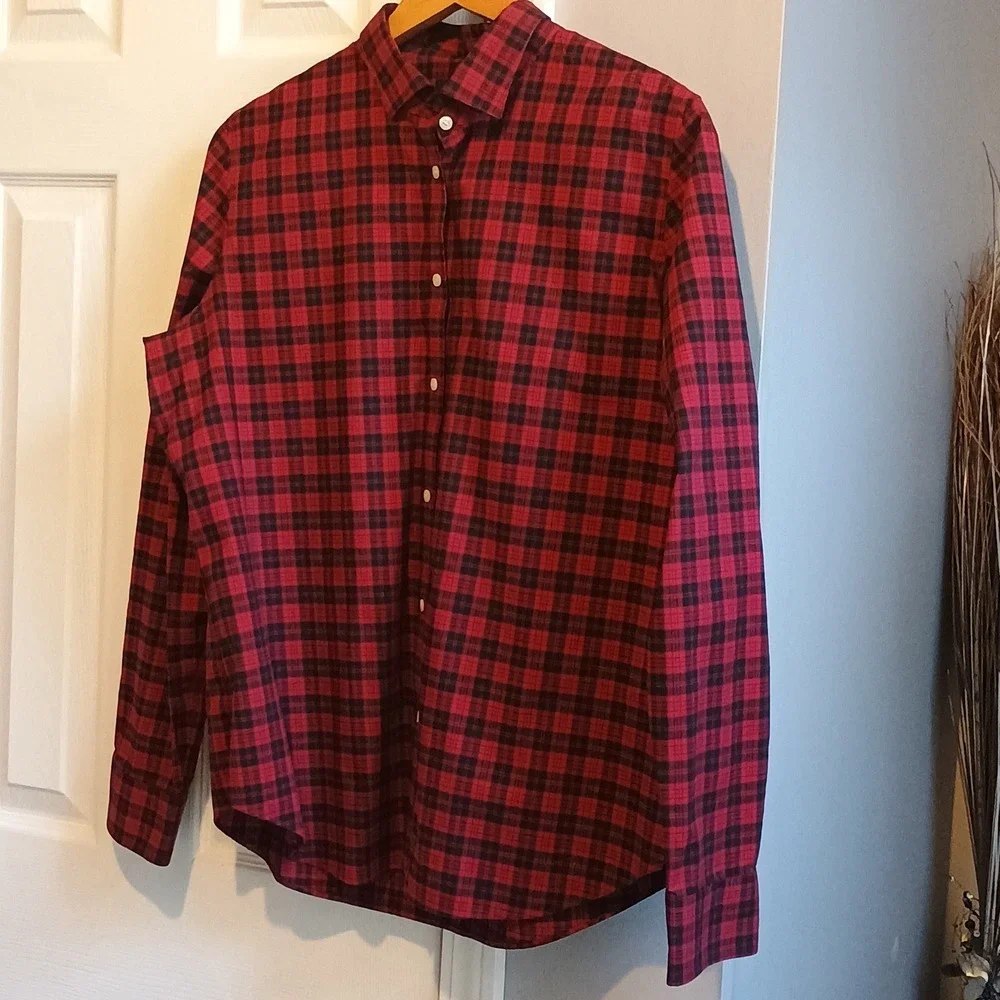 CHAPS Mens Plaid Long Sleeve Button Down Shirt Red Black XL No Iron‎ - Picture 4 of 13